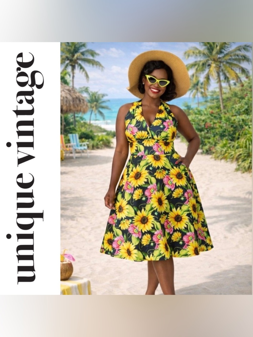 Unique Vintage Black Sunflower Halter Midi Dress with Yellow & Pink Florals